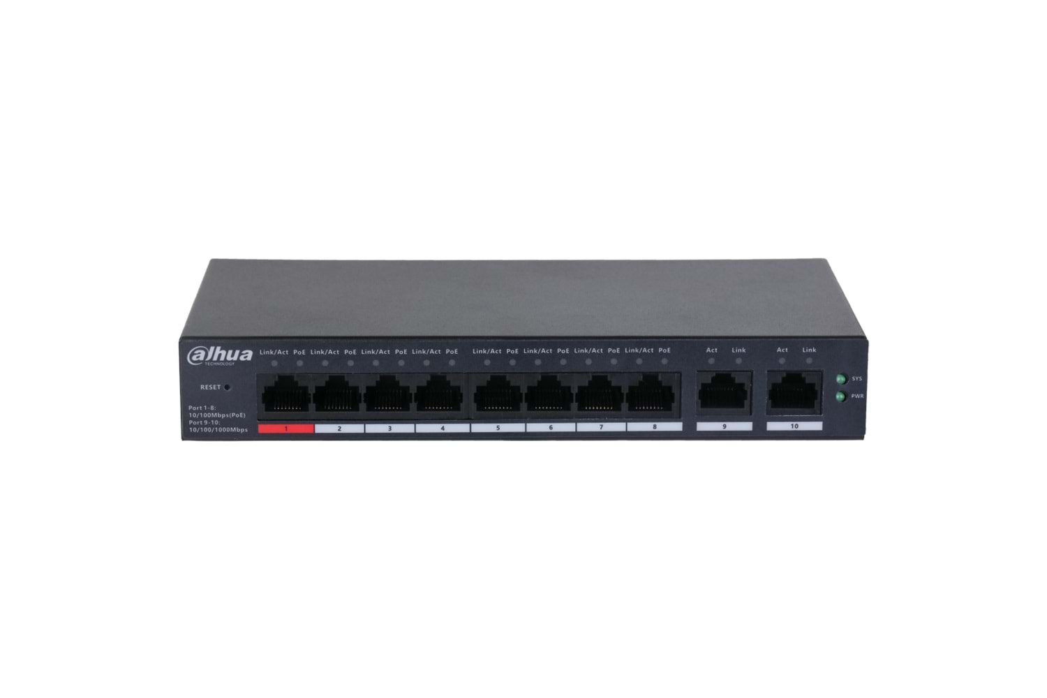 DAHUA CS4010-8ET-110, 8 Port, Megabit, PoE 110W, 2 Port Uplink, Cloud Yönetilebilir, Switch