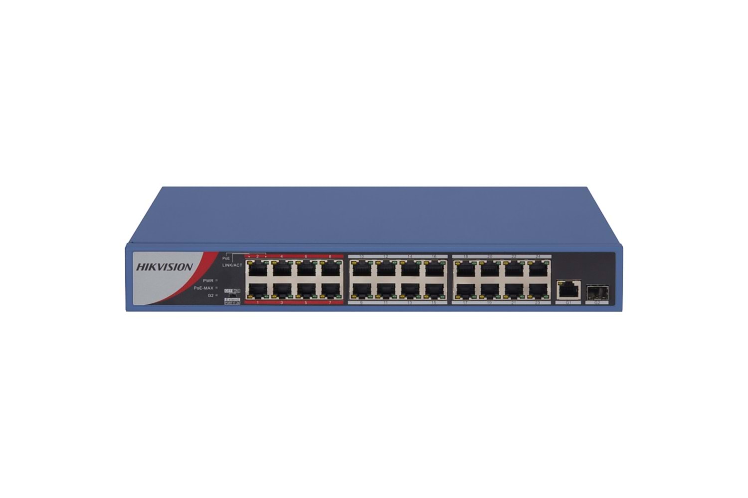 HIKVISION DS-3E0326P-E/M(B), 24 Port, MegaBit, PoE 250W, 1 Port GigaBit Uplink, 1 Port GigaBit SFP, Yönetilemez, Rack Mount Switch