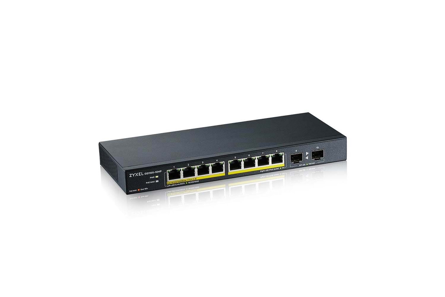 ZyXEL GS1100-10HP, 8 Port, Gigabit, PoE 130W, 2 Port GigaBit SFP, Yönetilemez, Masaüstü Switch