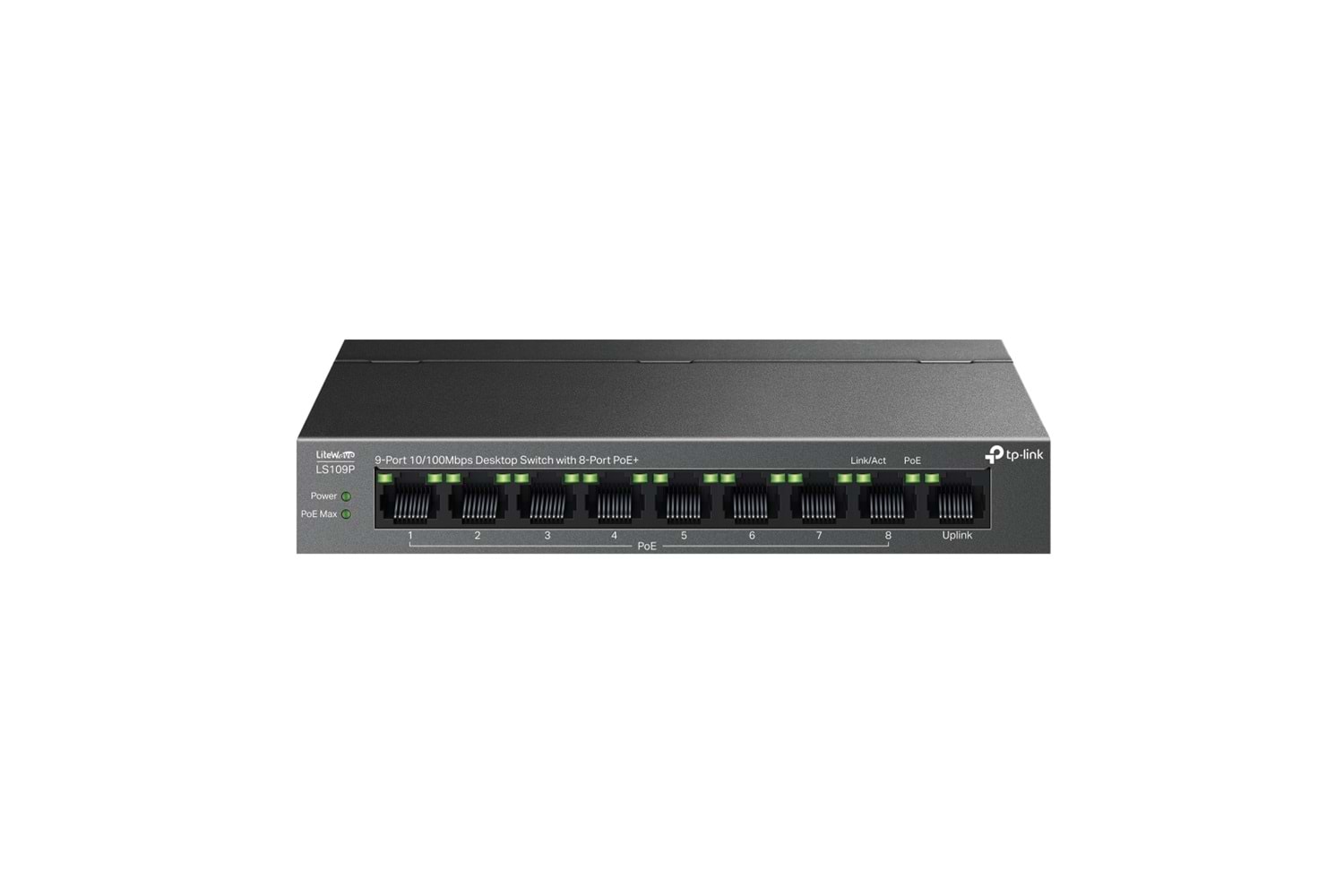 TP-LINK LS109P, Green Tech, 8 Port MegaBit, POE 63W, 1 Port Uplink, Long Range 250Mt, Yönetilemez, Metal Kasalı Switch