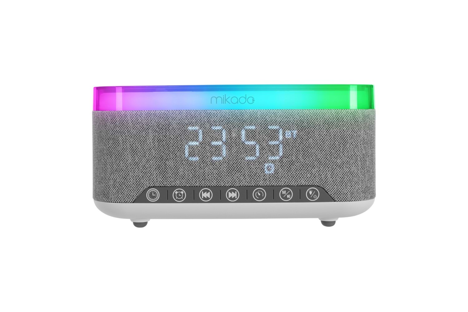 MIKADO MD-W8, 10W, Taşınabilir, USB/TYPE-C/BT/TF, RGB Işıklı, 1200mAh, 15W Kablosuz Şarj, Gece Lambası, Alarmlı Saat, Bluetooth Speaker