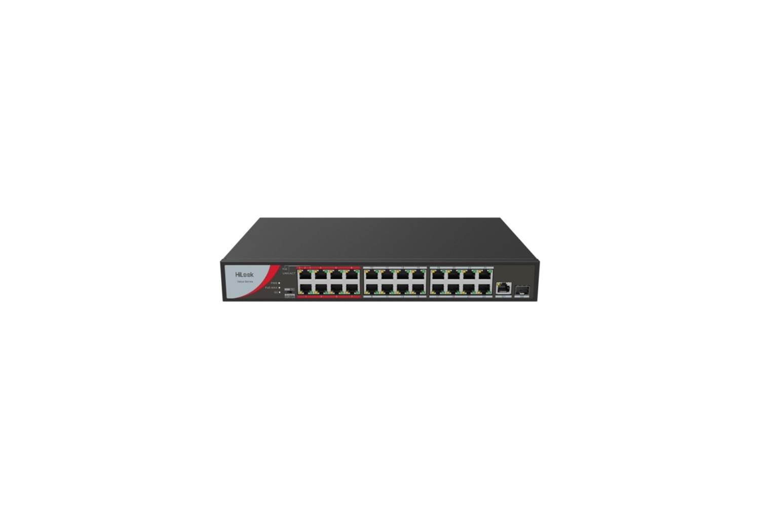 HILOOK NS-0326P-230(B), 24Port, Megabit, PoE 230W, 1 Port GigaBit Lan, 1 Port GigaBit SFP, Long Range 250Metre, Yönetilemez, Masaüstü Switch