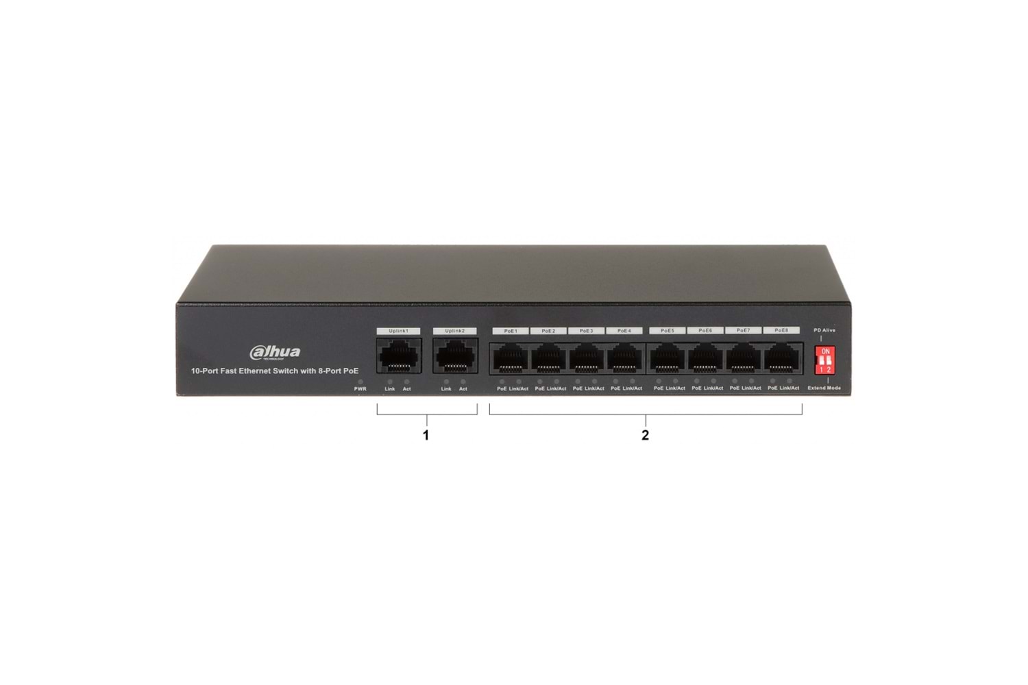 DAHUA PFS3010-8ET-65, 8 Port, MegaBit, PoE 65W, 2 Port Uplink, Yönetilemez, Masaüstü Switch