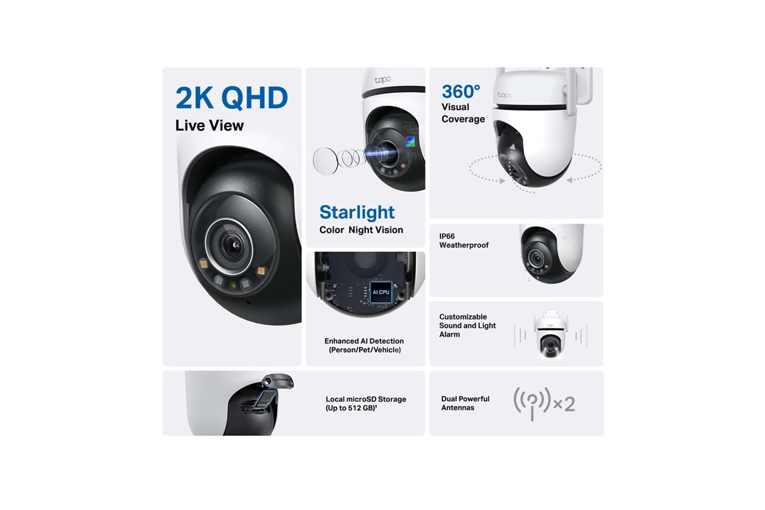 TP-LINK Tapo C520WS, 2K QHD, Yatay Dikey Dış Mekan IP66, WiFi, Renkli Gece Görüşü, İki Yönlü Ses Güvenlik Kamerası