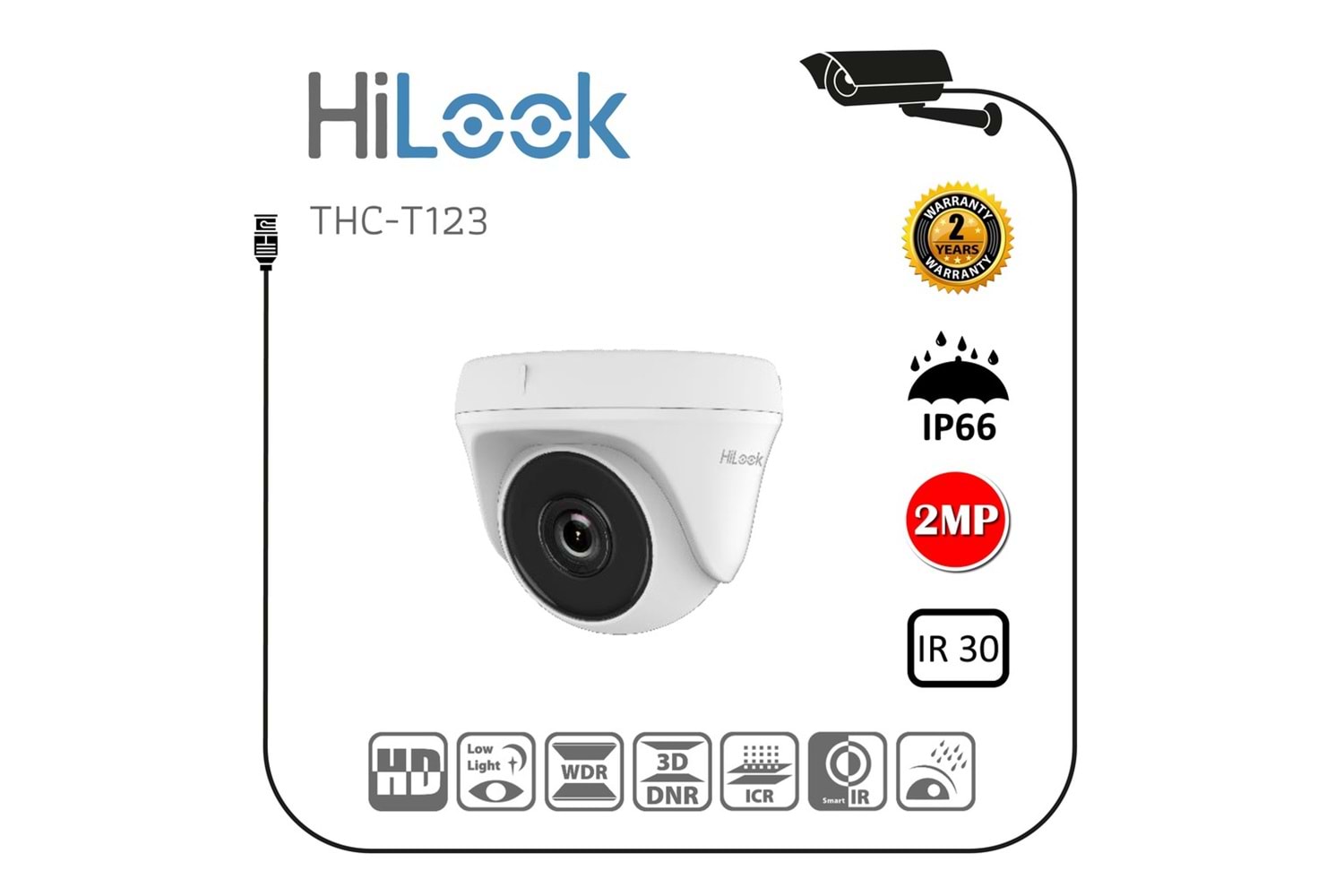 HILOOK THC-T123-M, 2Mpix, 2.8mm Lens, 30Mt Gece Görüşü, IP66, Ultra Low Light, OSD Menü, Metal Kasa, Dome, Kamera