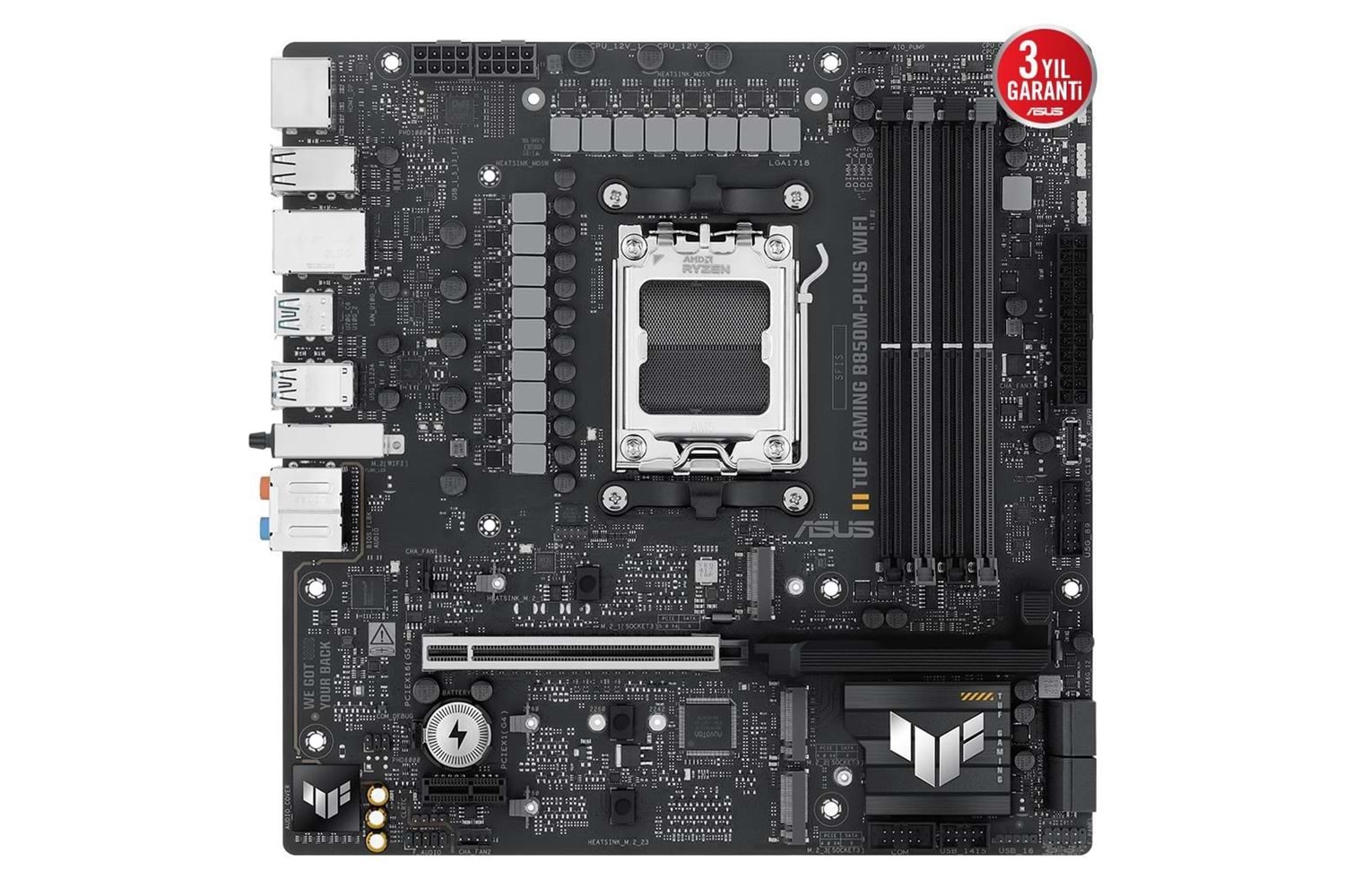 ASUS TUF GAMING B850M-PLUS WIFI, 4xDDR5, 3x M.2, HDMI, DP, Type-C, Wi-Fi 6E, Bluetooth v5.3, AM5 Soket GAMING Anakart