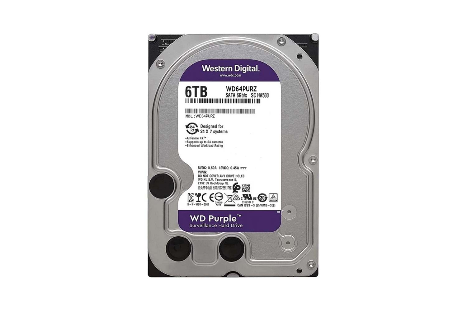 WD PURPLE, WD64PURZ, 3.5", 6TB, 256Mb, 5400 Rpm, 7/24 Güvenlik, HDD (Türkiye Distribütörü Garantili)