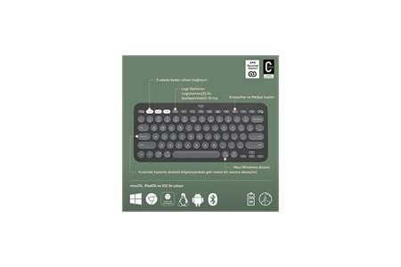 LOGITECH K380S, Pebble Keys 2, Siyah, 920-011859, Bluetooth, Türkçe, Q, Multimedya, Mini Klavye