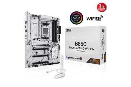 ASUS B850 MAX GAMING WIFI W, 4xDDR5, 3x M2, HDMI, DP, Type-C, Wi-Fi 6E, Bluetooth v5.3, AM5 Soket GAMING BEYAZ Anakart