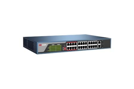 HIKVISION DS-3E0326P-E/M(B), 24 Port, MegaBit, PoE 250W, 1 Port GigaBit Uplink, 1 Port GigaBit SFP, Yönetilemez, Rack Mount Switch
