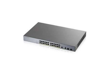 ZyXEL GS1350-26HP, 24 Port, GigaBit, PoE 375W, 2 Port GigaBit SFP, Yönetilebilir, Rackmount Switch