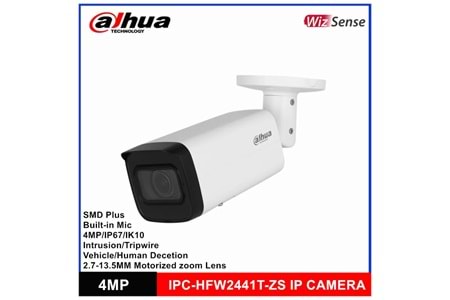 DAHUA IPC-HFW2441T-ZAS-2713 4Mpix, 2,7-13,5mm Motorize Lens, H265+,Starlight, 60Mt Gece Görüşü, Dahili Mikrofon, IP67, PoE Bullet IP Kamera