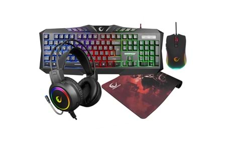 RAMPAGE KM-404, ARGENTI, Rainbow Işıklı, Türkçe Q, USB Kablolu, Gaming, Klavye, Mouse, Kulaklık, Mousepad Set