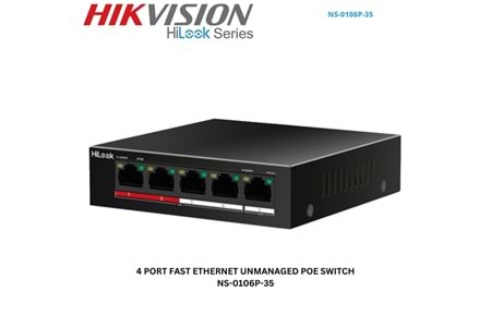 HILOOK NS-0106P-35(B), 4 Port, Megabit, PoE 60W, 2 Port Megabit Uplink, Long Range 250Metre, Yönetilemez, Masaüstü Switch