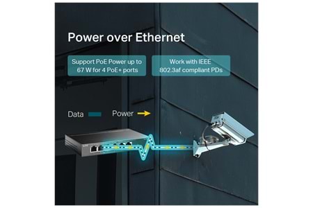 TP-LINK TL-SF1006P, 6 Port, MegaBit, 4 Port PoE 67W, Yönetilemez, Metal Kasalı Switch