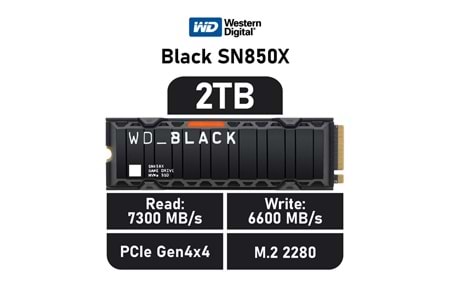 WD Black SN850X, WDS200T2XHE, 2TB, 7300/6600, Gen4, Soğutuculu, NVMe PCIe M.2 2280, SSD