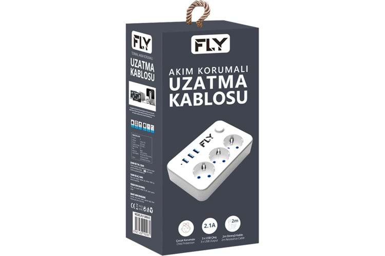 FLY 3406-01, 3 Soket, 3 USB, Akım Korumalı Priz, 2.1A, Anahtarlı, 2Mt Kablo, (Beyaz)