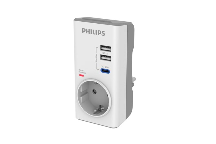PHILIPS CHP8010W/10, Tekli, Akım Korumalı Priz, 380 Joules, PD 20W Hızlı Şarj, 1xUSB-C, 2xUSB-A, (Beyaz)