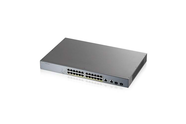 ZyXEL GS1350-26HP, 24 Port, GigaBit, PoE 375W, 2 Port GigaBit SFP, Yönetilebilir, Rackmount Switch