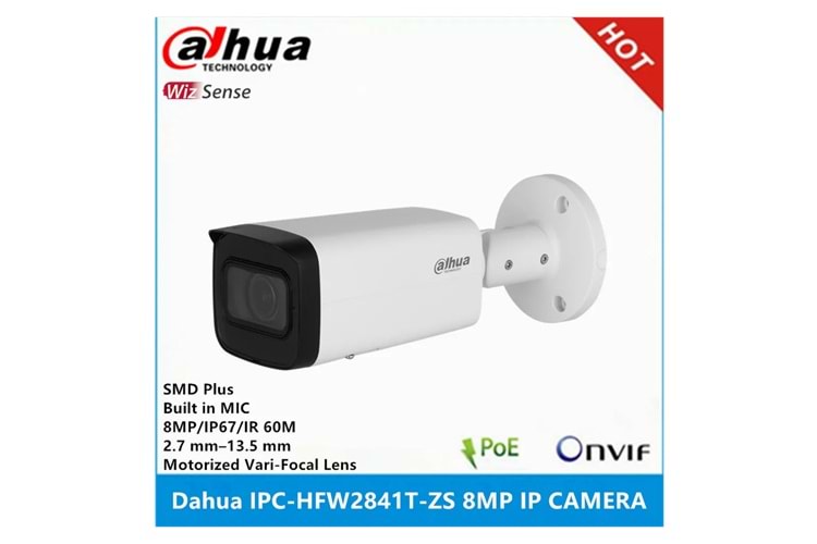 DAHUA IPC-HFW2841T-ZAS-27135 8Mpix, 2,7-13,5mm Motorize Lens, H265+, 80Mt Gece Görüşü, Dahili Mikrofon, Starlight, IP67, PoE Bullet IP Kamera