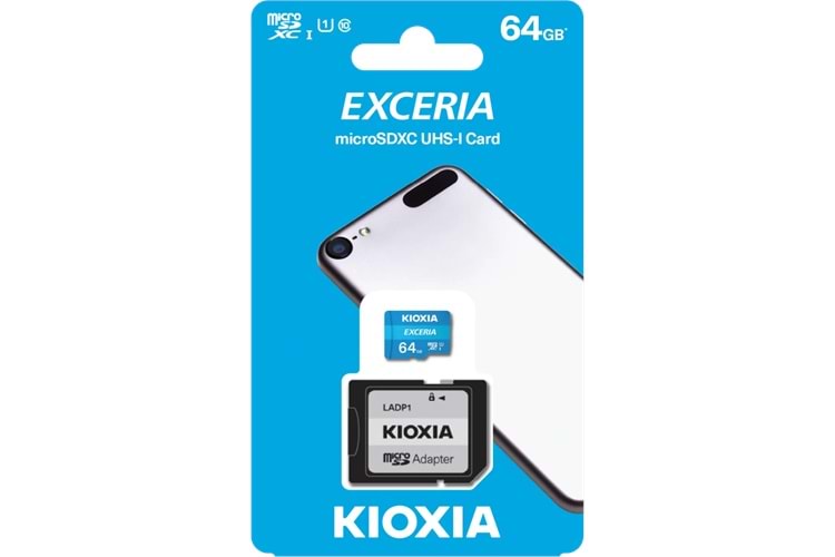 KIOXIA 64GB Exceria, LMEX1L064GG2, UHS-1, CL10, 100Mb/s, MicroSD Kart Bellek (SD Adaptörlü)