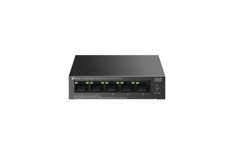 TP-LINK LS105GP, Green Tech, 5 Port, GigaBit, 4 Port PoE 65W, Metal Kasa, Yönetilemez, Masaüstü Switch