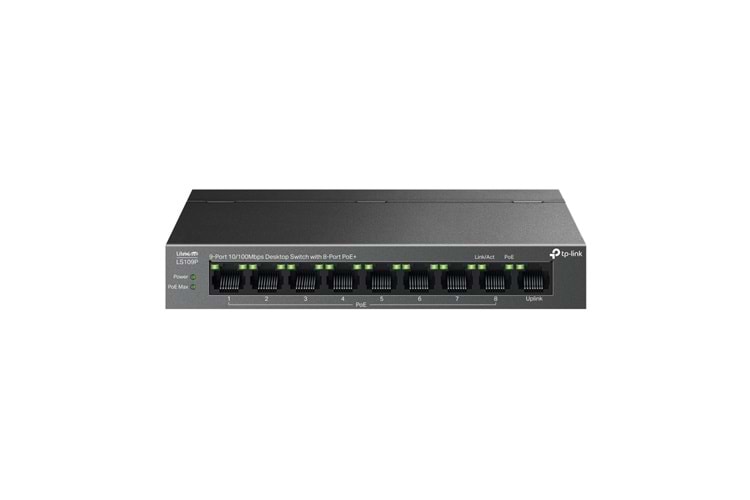 TP-LINK LS109P, Green Tech, 8 Port MegaBit, POE 63W, 1 Port Uplink, Long Range 250Mt, Yönetilemez, Metal Kasalı Switch