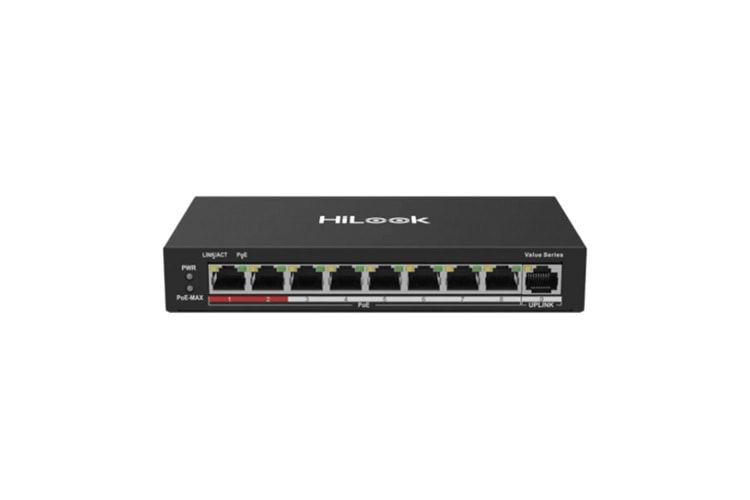 HILOOK NS-0109P-60(B), 8 Port, Megabit, PoE 60W, 1 Port Megabit Uplink, Long Range 250Metre, Yönetilemez, Masaüstü Switch
