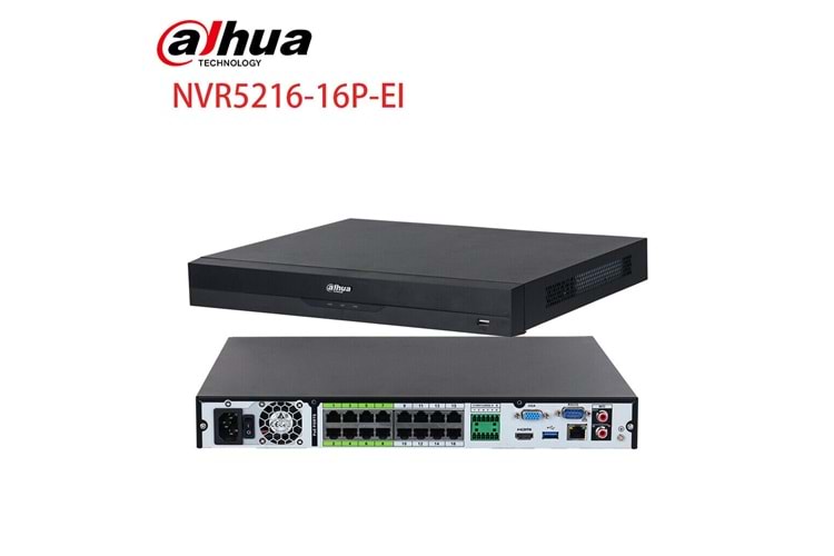 DAHUA NVR5216-16P-EI, 16Kanal POE, 32Mpix, H265+, 2 HDD Desteği, 1080P Kayıt, 384Mbps Bant Genişliği, NVR