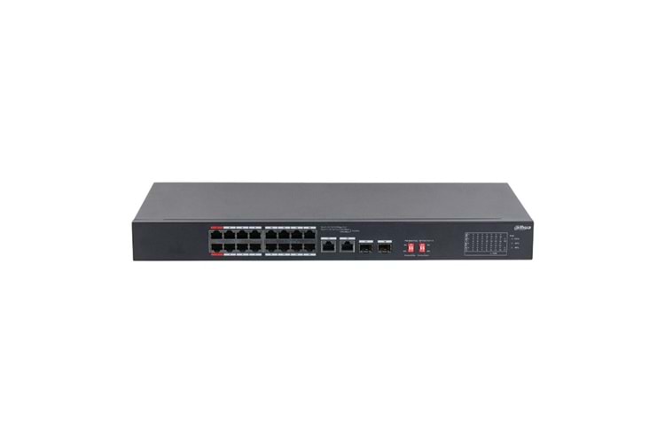 DAHUA S3218-16ET-135, 16 Port, Megabit, PoE 135W, 2 Port GigaBit Uplink, 2 Port GigaBit SFP, Longe Range 250Mt, Yönetilemez, Rack Mount Switch