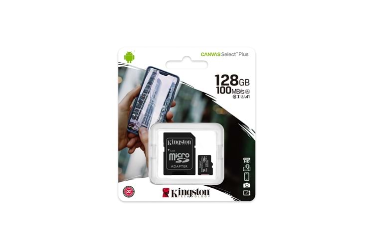 KINGSTON SDCS2/128GB, CANVAS, CL10, 100Mb/s, MicroSD Kart Bellek (SD Adaptörlü)