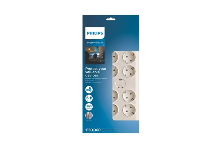 PHILIPS SPN7080WA/62, 8 Soket, Akım Korumalı Priz, 900 Joules, 2Mt Örgülü Kablo, (Beyaz)