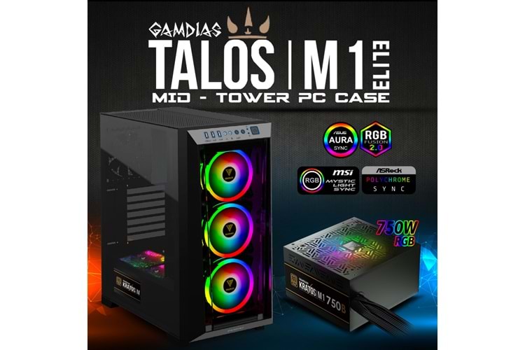 GAMDIAS TALOS M1 Elite, 750W, 80+ Bronze, Tempered Glass, ARGB, ATX GAMING KASA