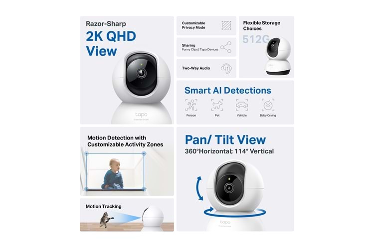 TP-LINK Tapo C220, 4,0Mpix, İç ve Dış Mekan, WiFi, 9Mt. Gece Görüşü, 360 Dönüş, İki Yönlü Ses Güvenlik Yapay Zeka Destekli Kamera