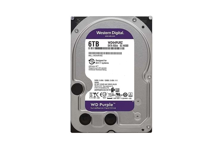 WD PURPLE, WD64PURZ, 3.5", 6TB, 256Mb, 5400 Rpm, 7/24 Güvenlik, HDD (Türkiye Distribütörü Garantili)