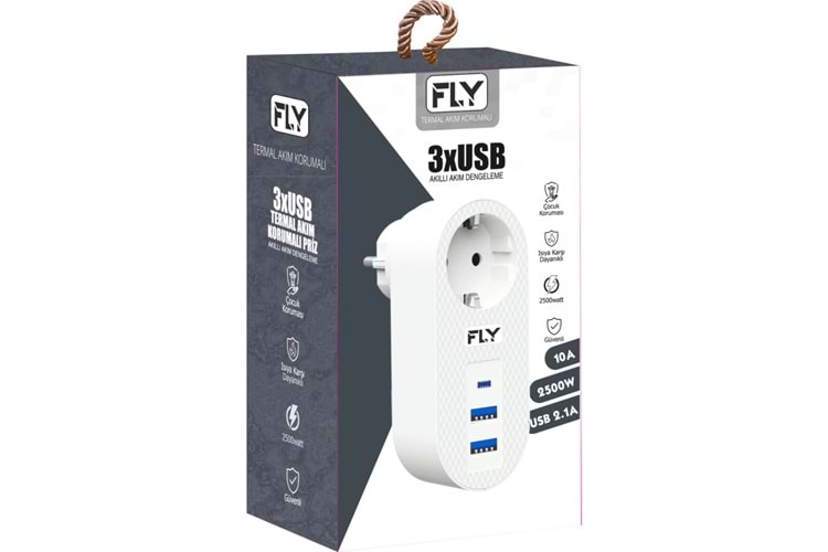 FLY 3400-01, 1 Soket, 2 USB, 1 Type-C, Akım Korumalı Priz, 2.1A, (Beyaz)