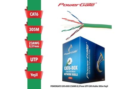POWERGATE CAT6-BOX-GN, 23AWG 0,57mm, UTP, CAT6 Kablo, 305m, Yeşil