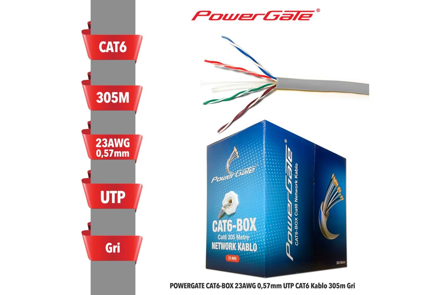POWERGATE CAT6-BOX-GY, 23AWG 0,57mm, UTP, CAT6 Kablo, 305m, Gri