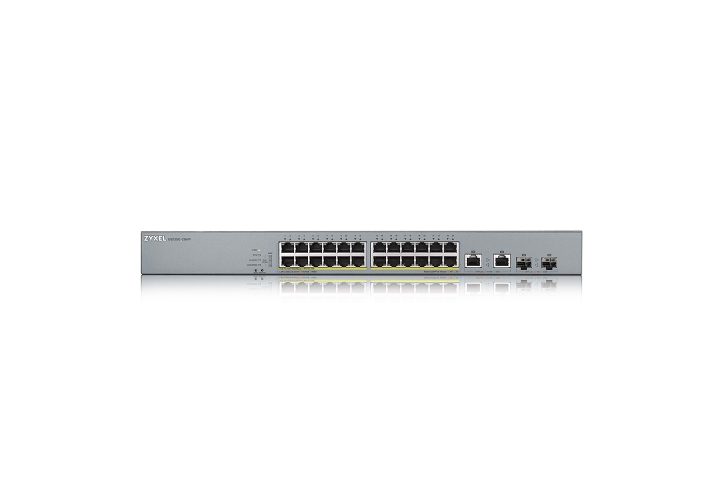 ZyXEL GS1350-26HP, 24 Port, GigaBit, PoE 375W, 2 Port GigaBit SFP, Yönetilebilir, Rackmount Switch