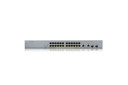 ZyXEL GS1350-26HP, 24 Port, GigaBit, PoE 375W, 2 Port GigaBit SFP, Yönetilebilir, Rackmount Switch