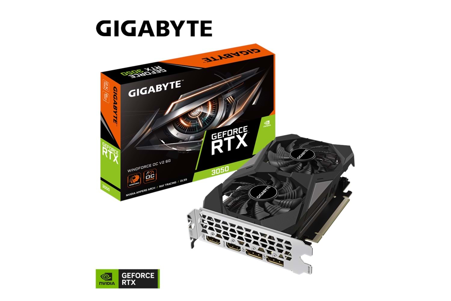 GIGABYTE GV-N3050WF2OCV2-6GD, RTX3050 WINDFORCE OC, 6Gb, GDDR6, 96BIT, 2 Fanlı, 2xHDMI, 2xDP, GAMING Ekran KARTI