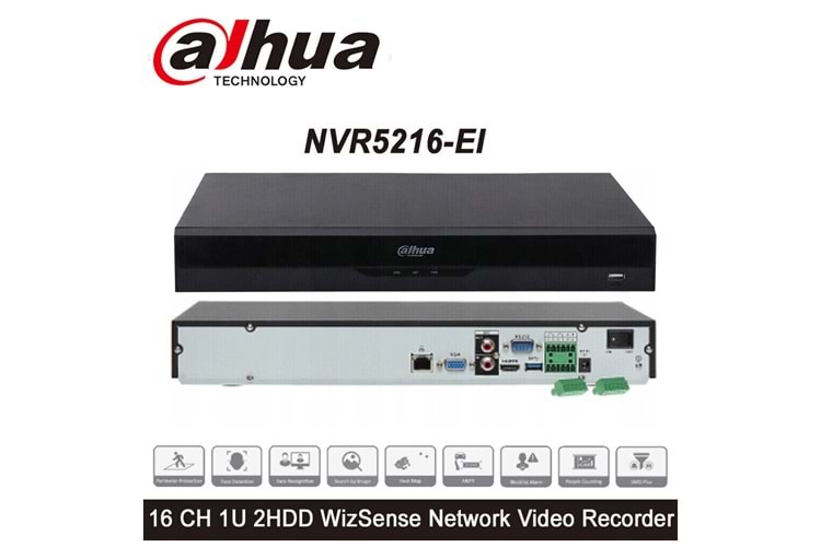 DAHUA NVR5216-EI, 16Kanal, 12Mpix, H265+, 2 HDD Desteği, 1080P Kayıt, 320Mbps Bant Genişliği, NVR