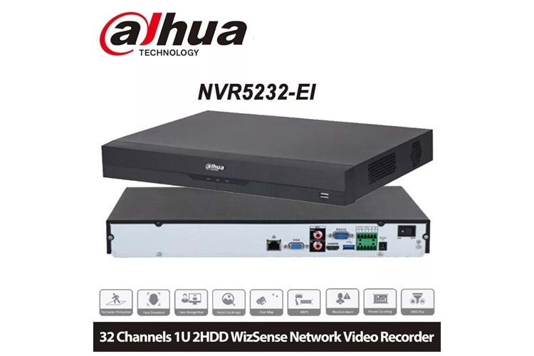 DAHUA NVR5232-EI, 32Kanal, 12Mpix, H265+, 2 HDD Desteği, 1080P Kayıt, 320Mbps Bant Genişliği, NVR