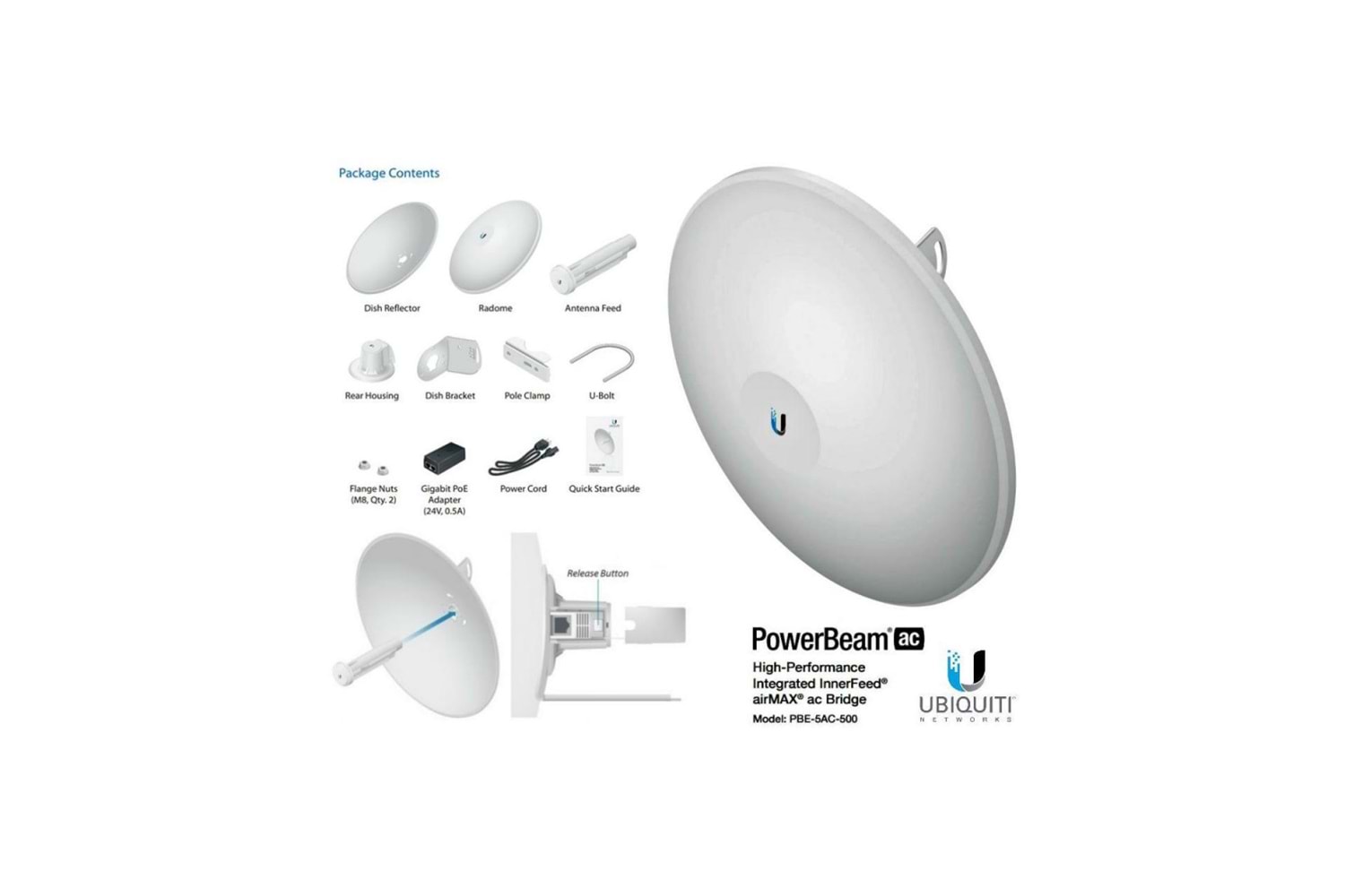 UBIQUITI PBE-5AC-500, PowerBeam, 5Ghz, 450Mbps, 27dBi Anten, Dış Ortam Access Point