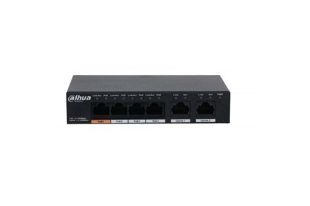 DAHUA PFS3006-4GT-60-V2, 4 Port, Gigabit, PoE 60W, 2 Port Uplink, Yönetilemez, Masaüstü Switch