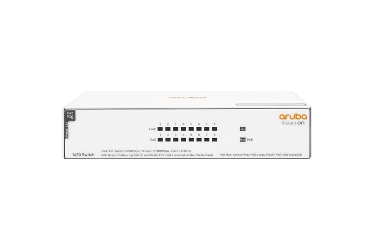 HP Aruba Instant On, R8R46A, 1430-8G, 8Port, GigaBit, PoE 64W, Yönetilemez, Masaüstü Switch