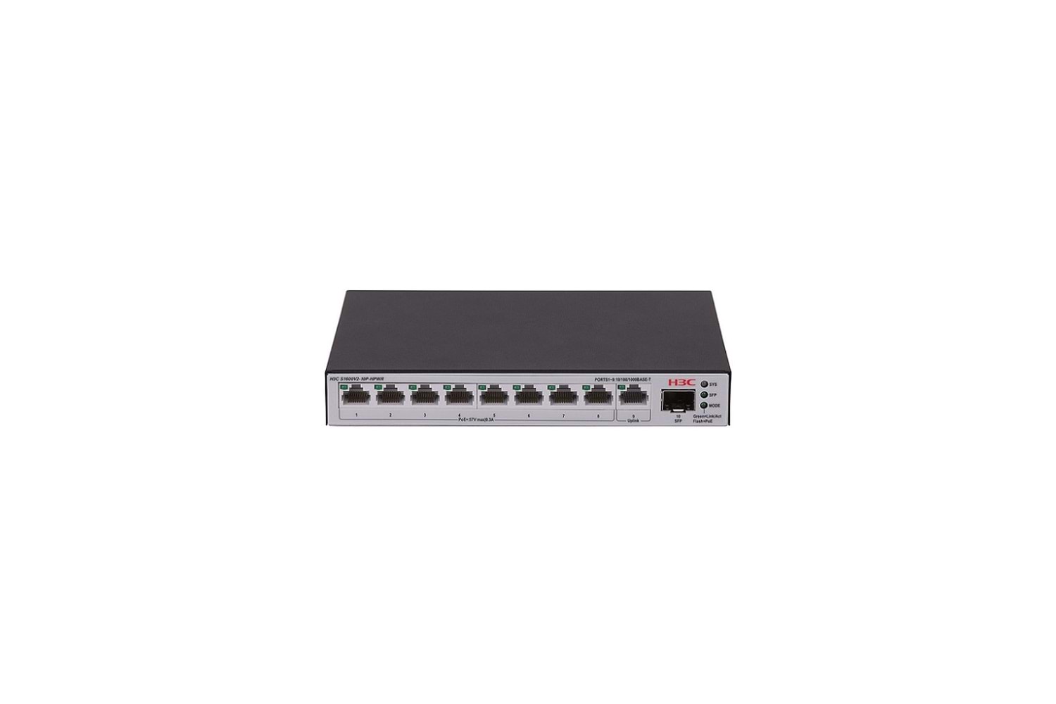 H3C S1600V2-10P-HPWR, 8 Port, GigaBit, PoE 125W, L2, 1 Port GigaBit Uplink, 1 Port GigaBit SFP, Web Yönetilebilir, Masaüstü Switch