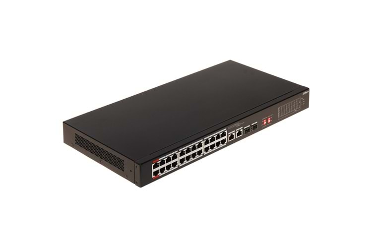 DAHUA S3226-24ET-240, 24 Port, MegaBit, PoE 240W, 2 Port GigaBit Uplink, 2 Port Gigabit Combo SFP, Longe Range 250Mt, Yönetilemez, Rack Mount Switch