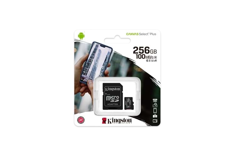 KINGSTON SDCS2/256GB, CANVAS, CL10, 100Mb/s, MicroSD Kart Bellek (SD Adaptörlü)
