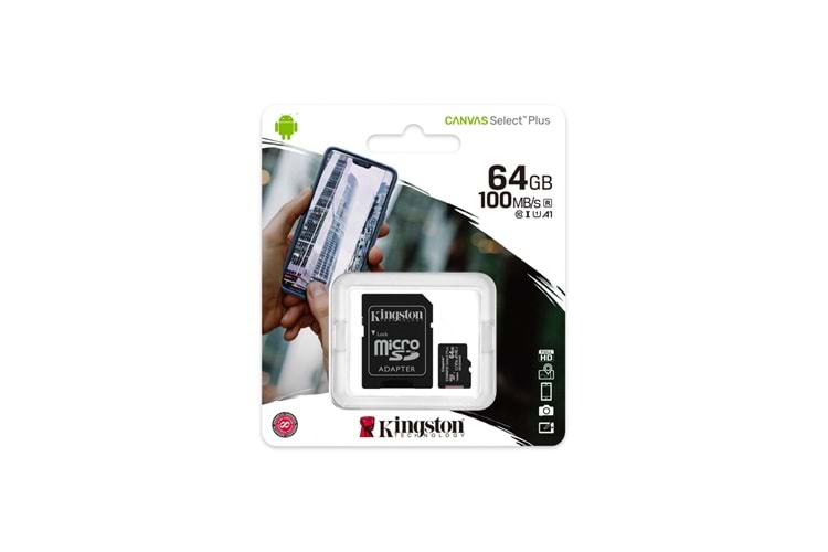 KINGSTON SDCS2/64GB, CANVAS, CL10, 100Mb/s, MicroSD Kart Bellek (SD Adaptörlü)